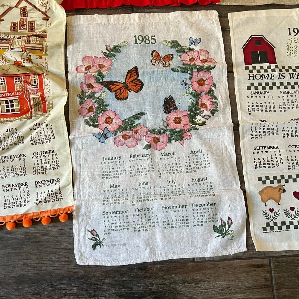 Lot 9 VTG 1980s Linen Calendar Towels Country Farmhouse Folk Kitchen Tea Towels - Picture 5 of 10